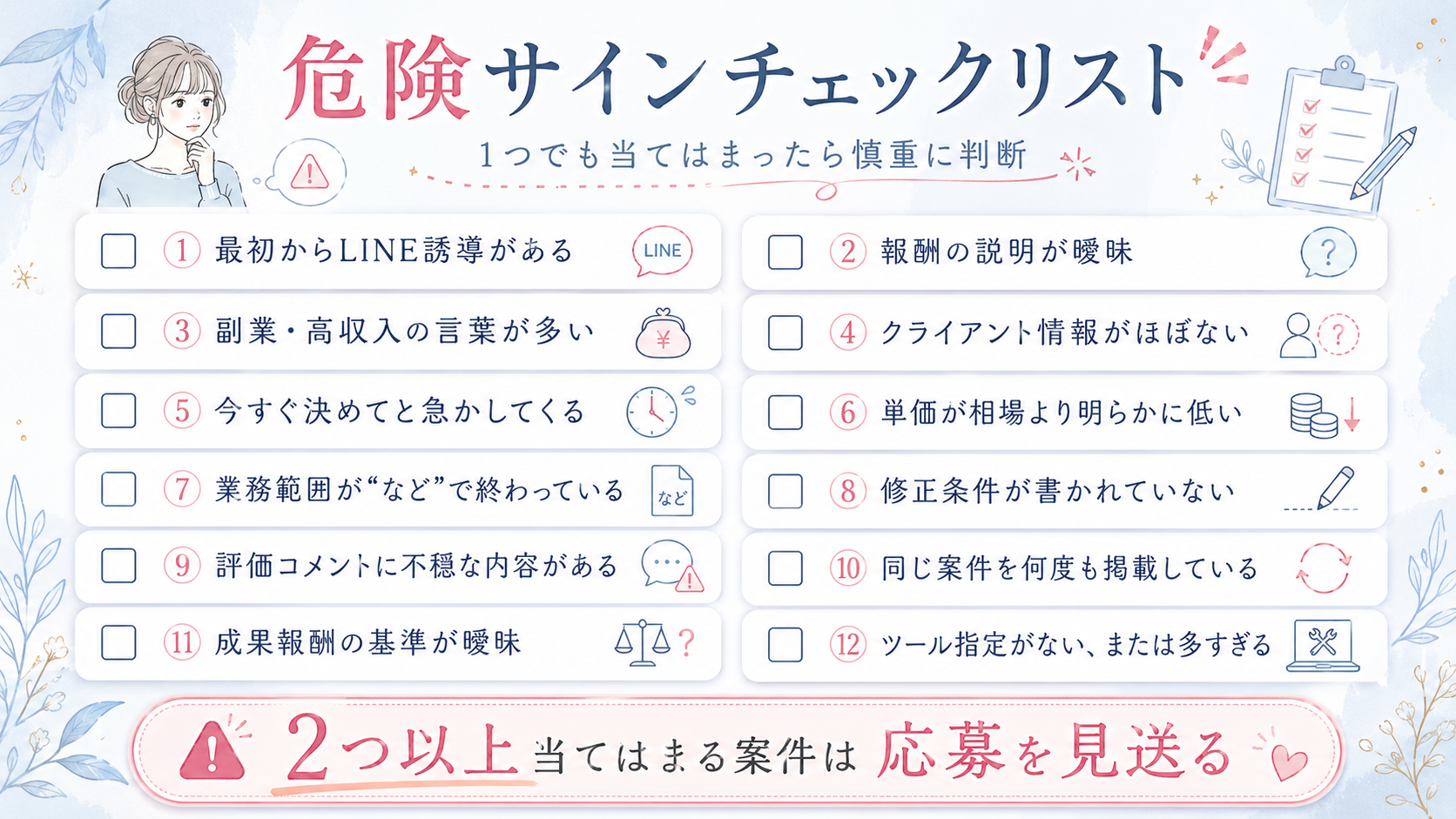 詐欺・勧誘系の危険サイン一覧